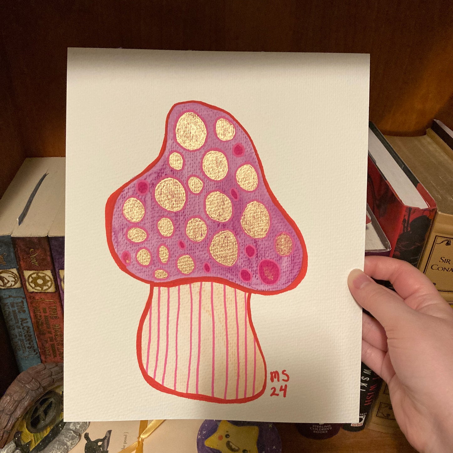 Pink Mushroom 8x10” Original Acrylic & Watercolor Painting With Metallic Ink Effects