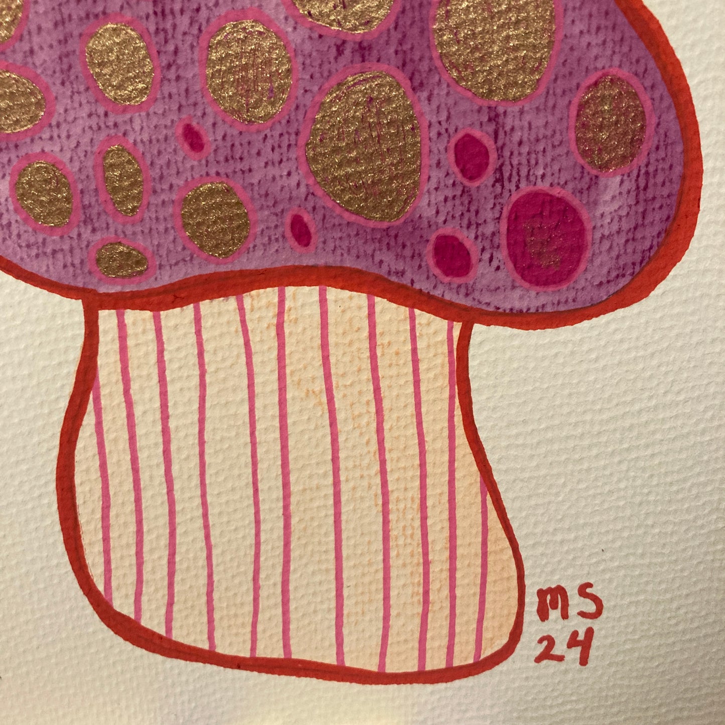 Pink Mushroom 8x10” Original Acrylic & Watercolor Painting With Metallic Ink Effects