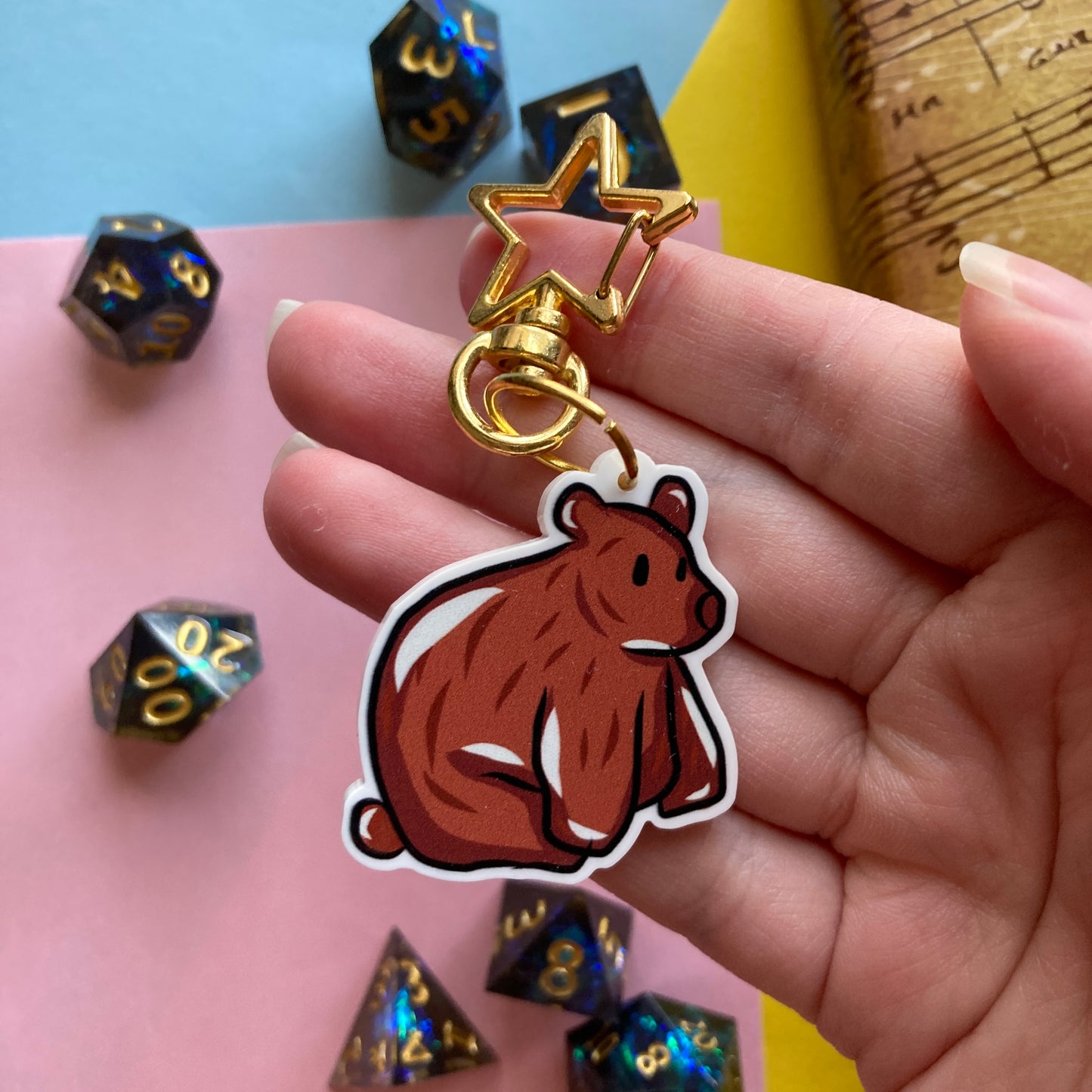 Brown Bear 2 Inch Acrylic Keychain Charm With Silver Or Gold Star Lobster Clasp (CLEARANCE)