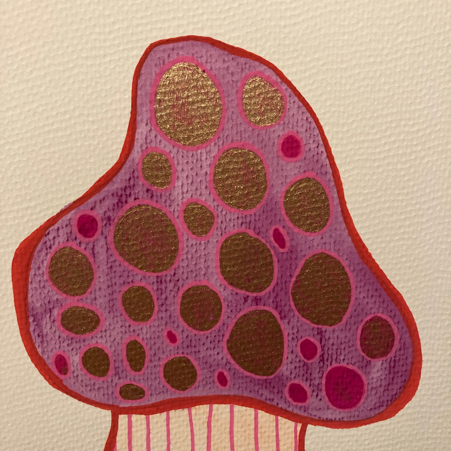 Pink Mushroom 8x10” Original Acrylic & Watercolor Painting With Metallic Ink Effects