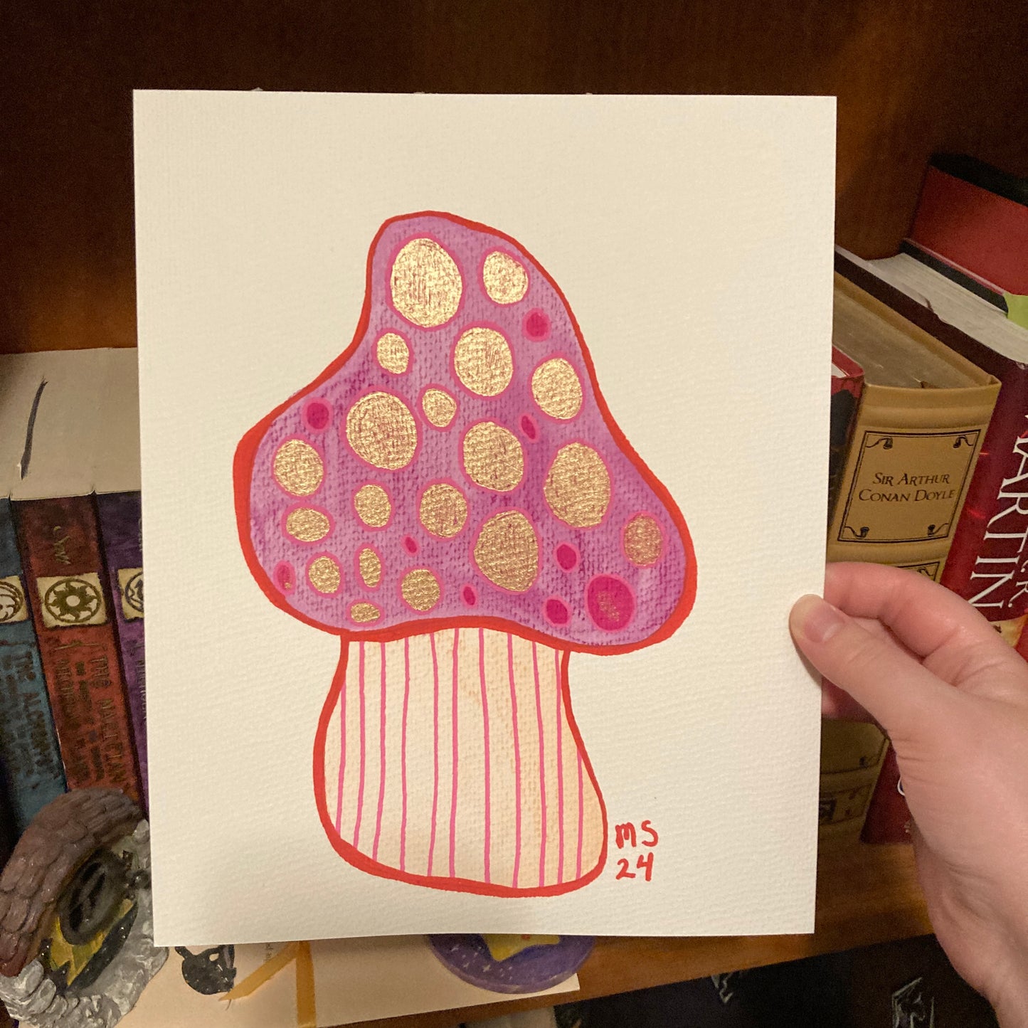 Pink Mushroom 8x10” Original Acrylic & Watercolor Painting With Metallic Ink Effects