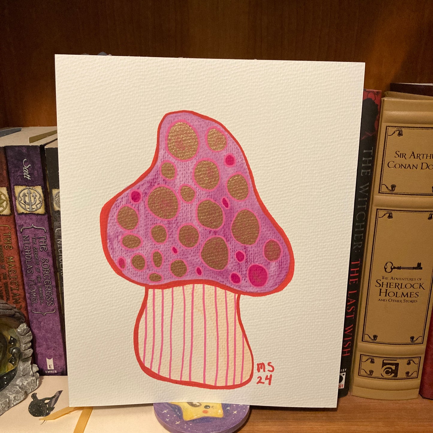 Pink Mushroom 8x10” Original Acrylic & Watercolor Painting With Metallic Ink Effects
