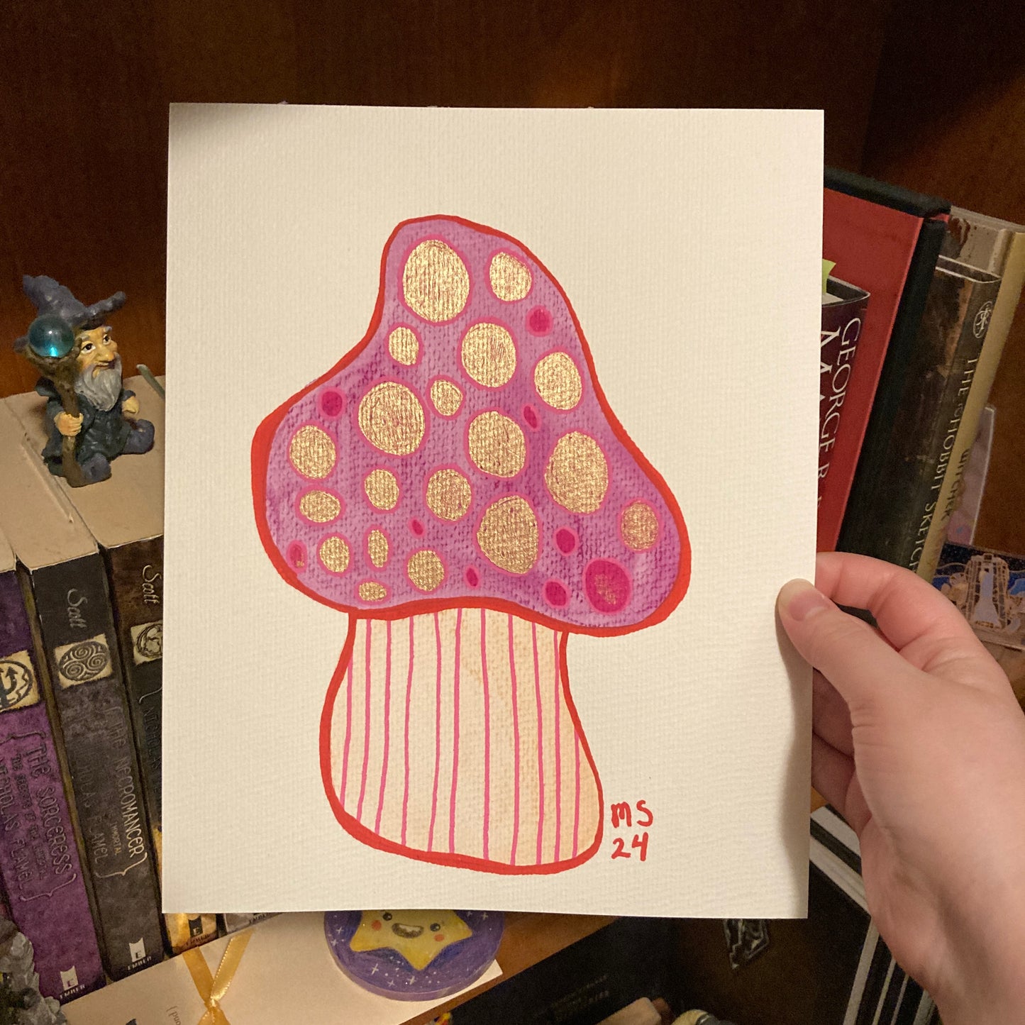 Pink Mushroom 8x10” Original Acrylic & Watercolor Painting With Metallic Ink Effects