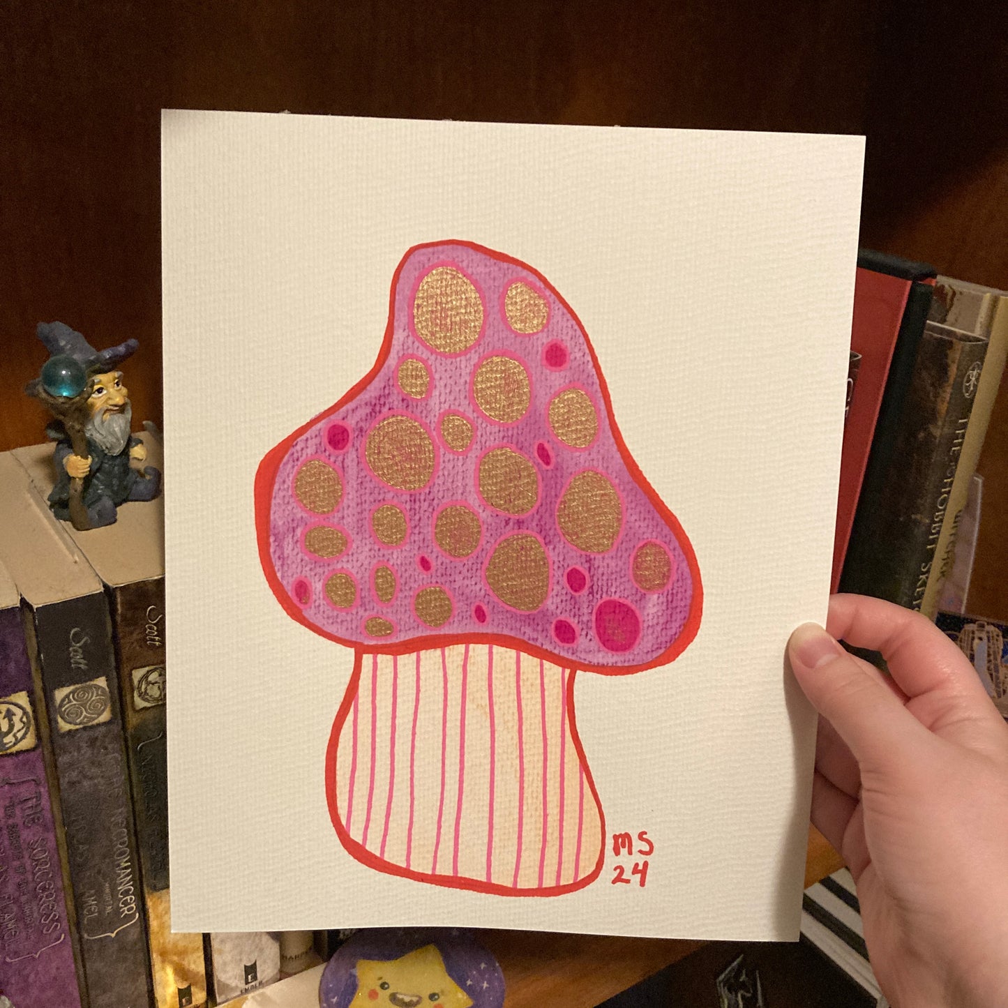 Pink Mushroom 8x10” Original Acrylic & Watercolor Painting With Metallic Ink Effects