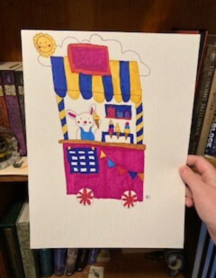 Bunny Ice Cream Stand 9x12 Inch Original Unframed Marker Illustration