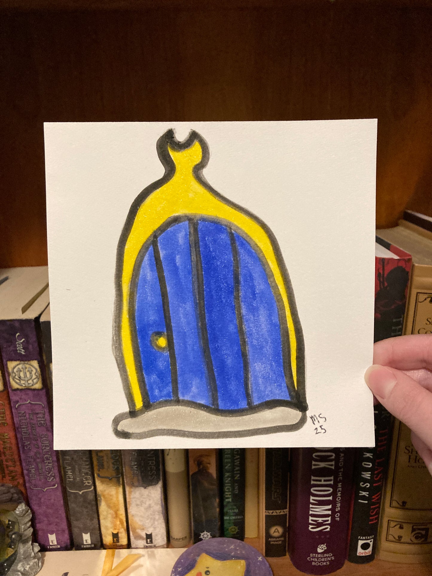 Crescent Moon Fairy Door 8x8 Inch Original Glitter Ink Painting