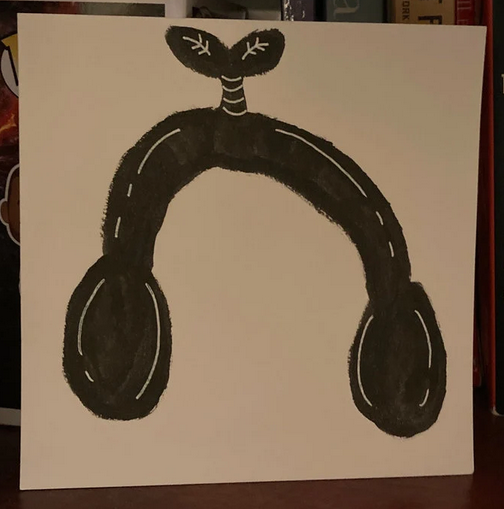 Headphones With Plant Leaf 8x8 Inch Original Black Ink Painting