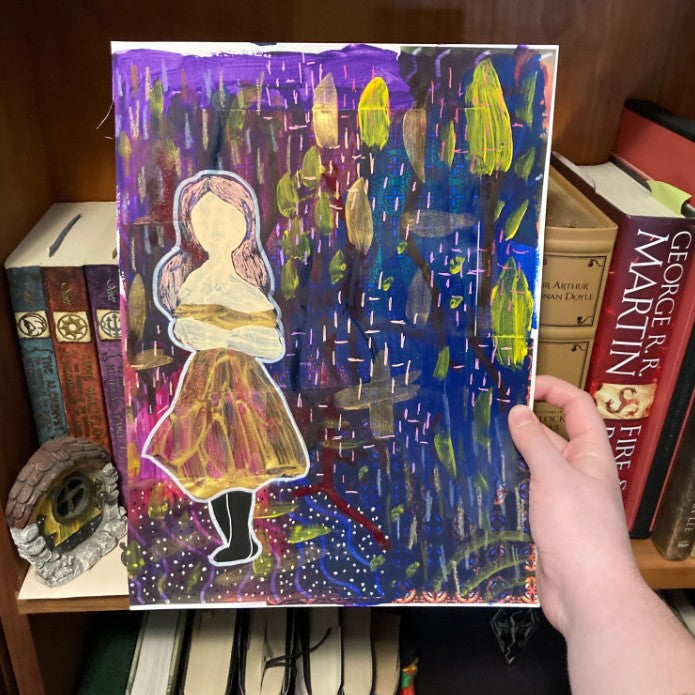 Unframed 9x12 Inch Girl In Gold Dress Original Mixed Media Painting