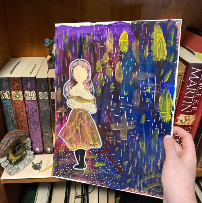 Unframed 9x12 Inch Girl In Gold Dress Original Mixed Media Painting