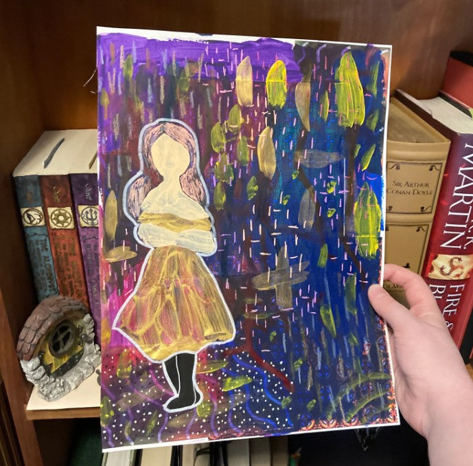 Unframed 9x12 Inch Girl In Gold Dress Original Mixed Media Painting