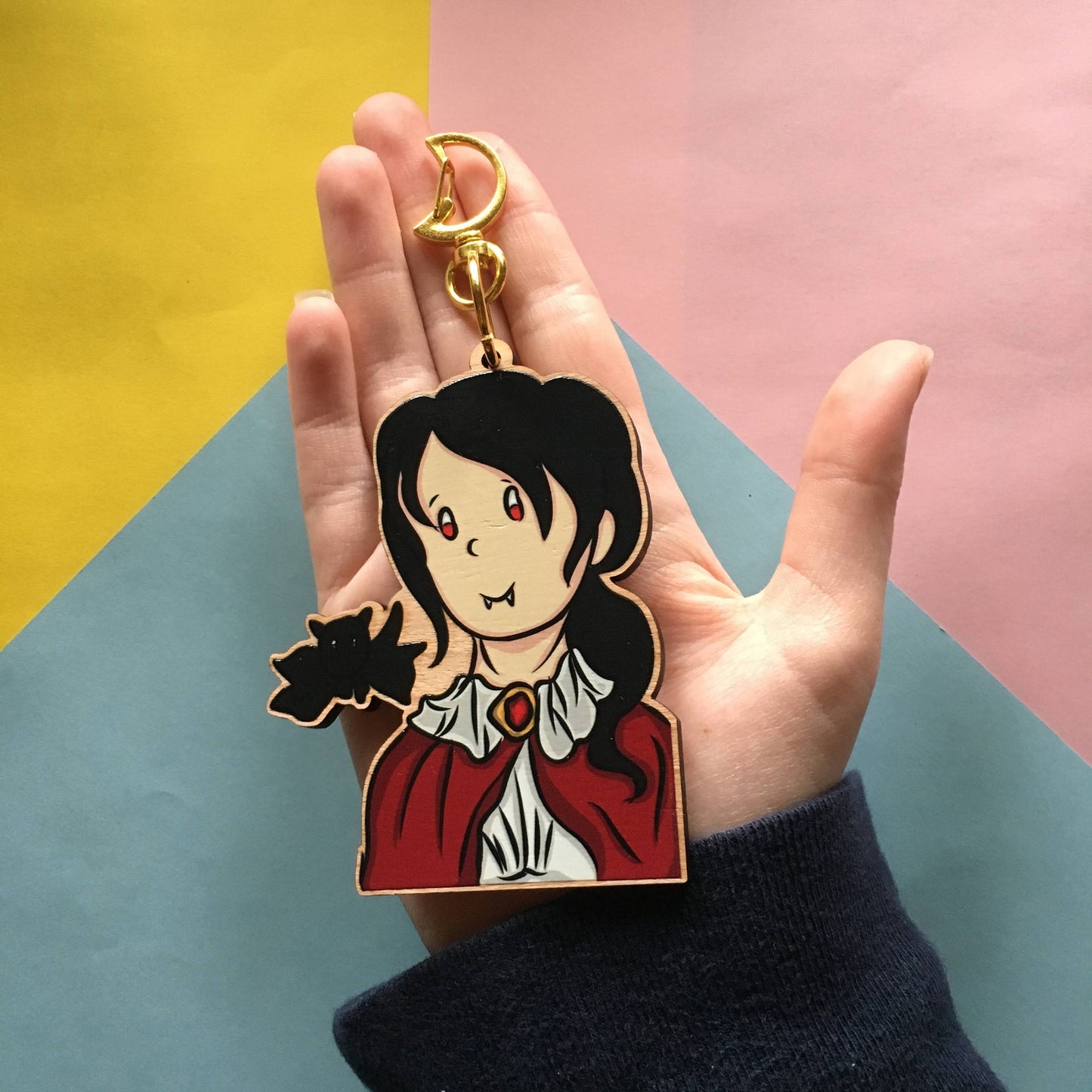 Vampire & Bat 3.5 Inch Keychain: Spooky Cute Halloween Cherry Wood Keychain For Backpack (CLEARANCE)