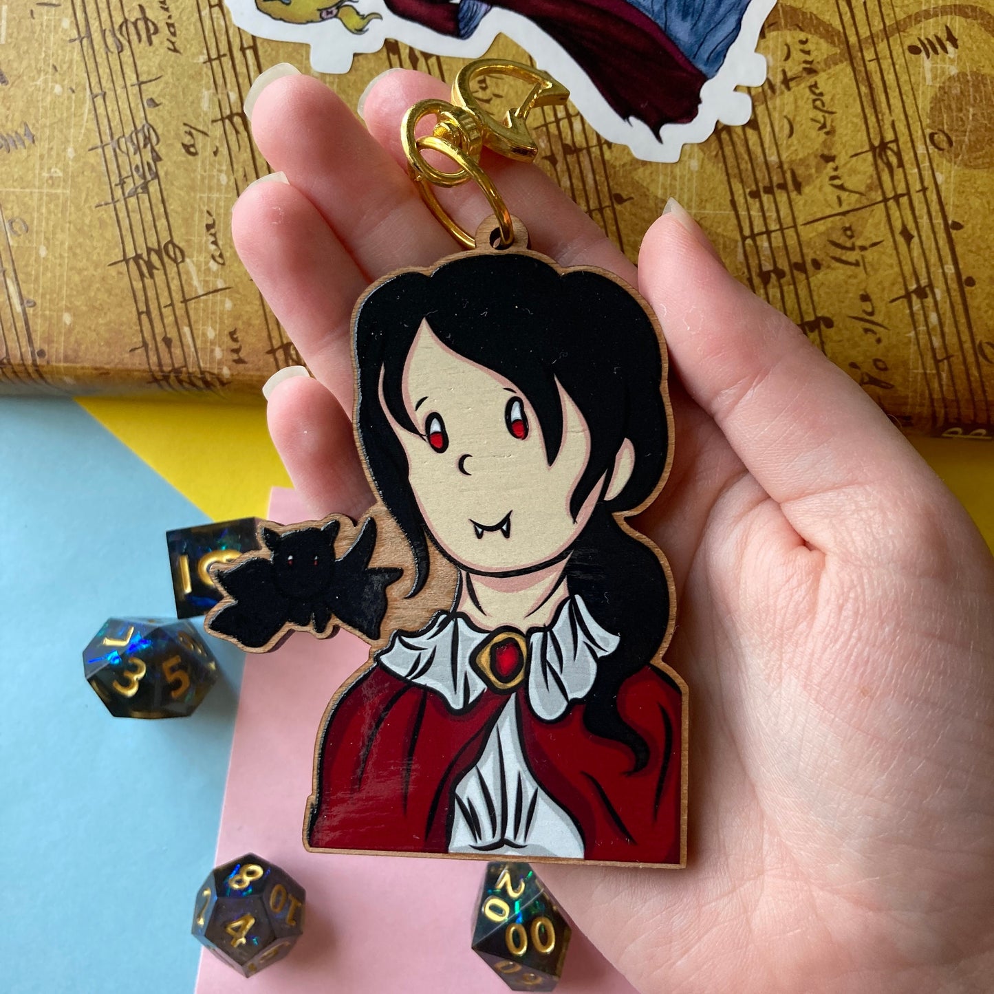 Vampire & Bat 3.5 Inch Keychain: Spooky Cute Halloween Cherry Wood Keychain For Backpack (CLEARANCE)