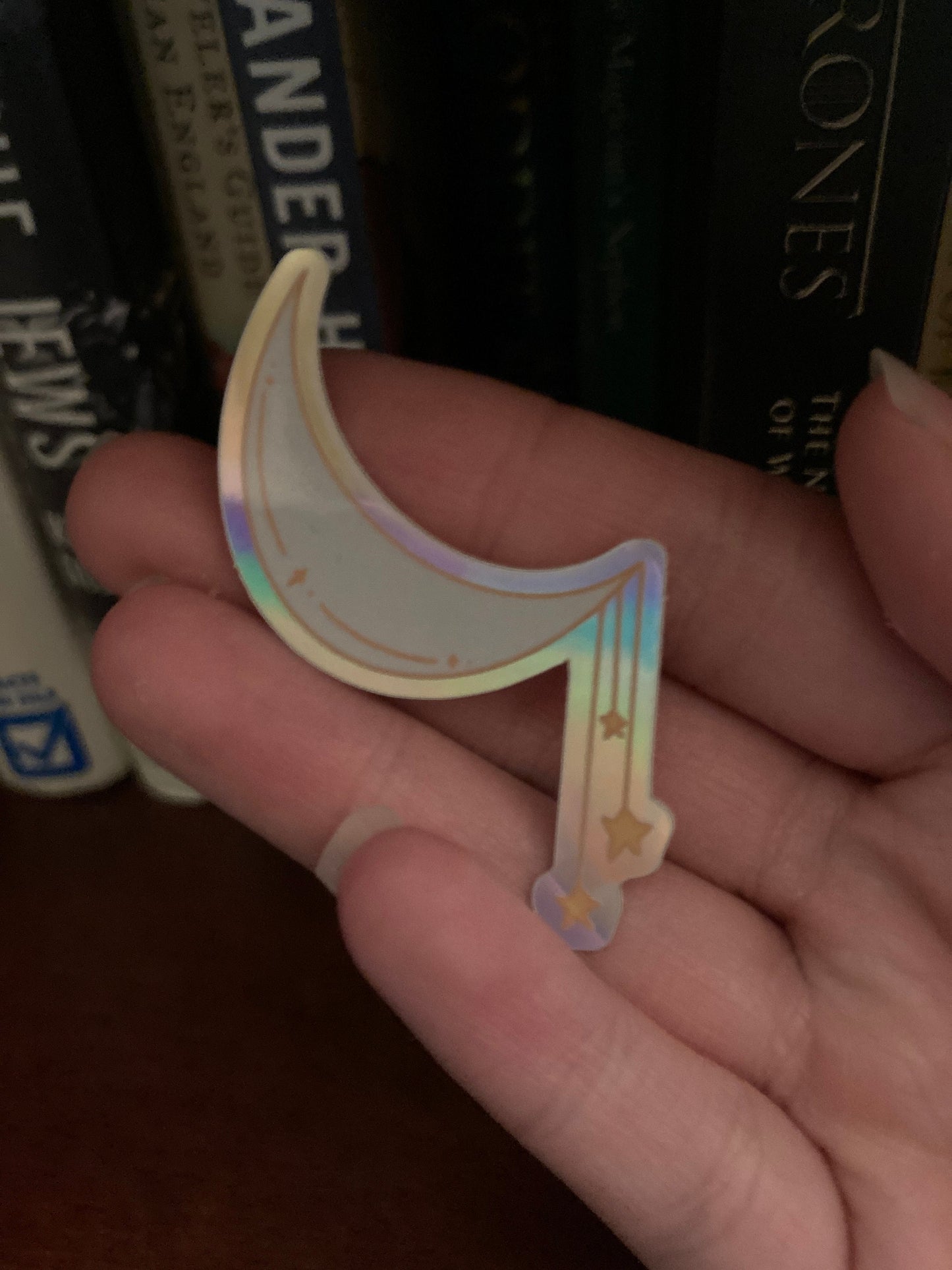 Silver Moon With Gold Hanging Stars 2.5 Inch Holographic Waterproof Sticker (CLEARANCE)