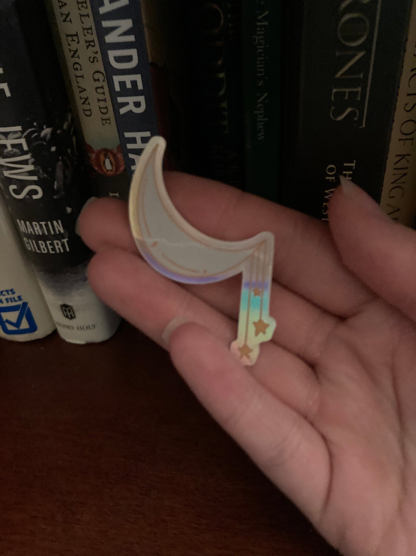 Silver Moon With Gold Hanging Stars 2.5 Inch Holographic Waterproof Sticker (CLEARANCE)