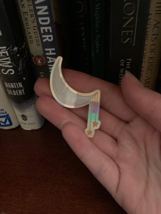 Silver Moon With Gold Hanging Stars 2.5 Inch Holographic Waterproof Sticker (CLEARANCE)