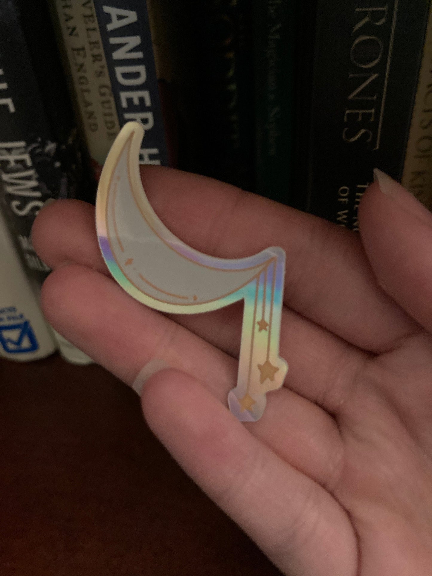 Silver Moon With Gold Hanging Stars 2.5 Inch Holographic Waterproof Sticker (CLEARANCE)