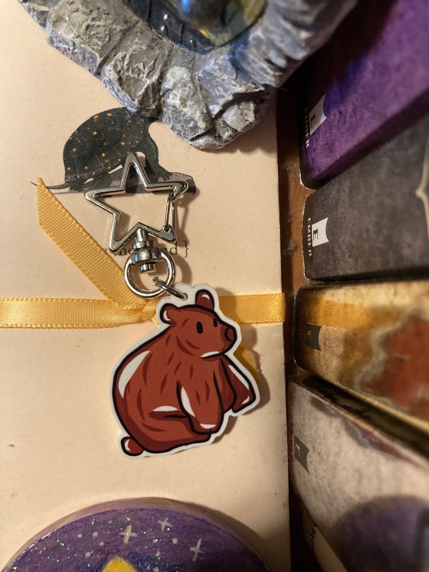 Brown Bear 2 Inch Acrylic Keychain Charm With Silver Or Gold Star Lobster Clasp (CLEARANCE)