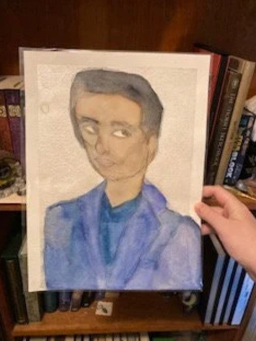 Portrait Of A Man In A Blue Suit Original Unframed 9x12 Inch Watercolor Painting With Metallic Ink Effects
