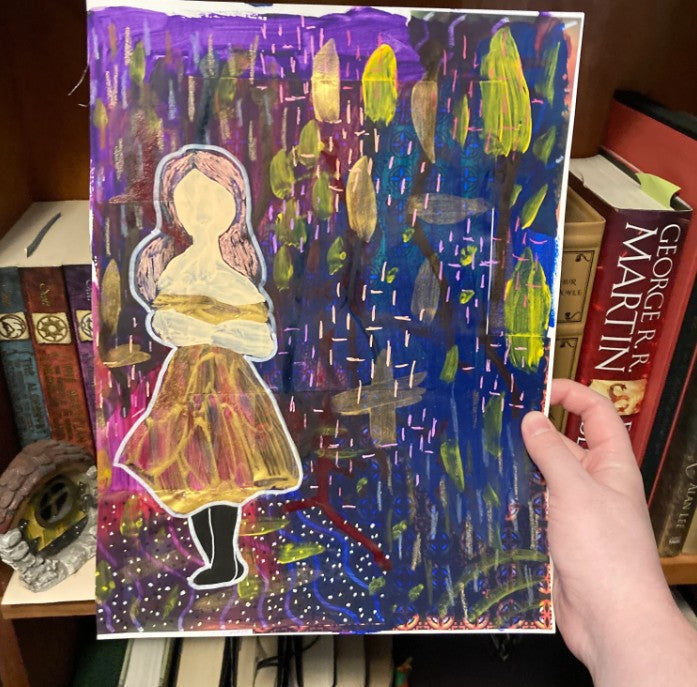 Unframed 9x12 Inch Girl In Gold Dress Original Mixed Media Painting