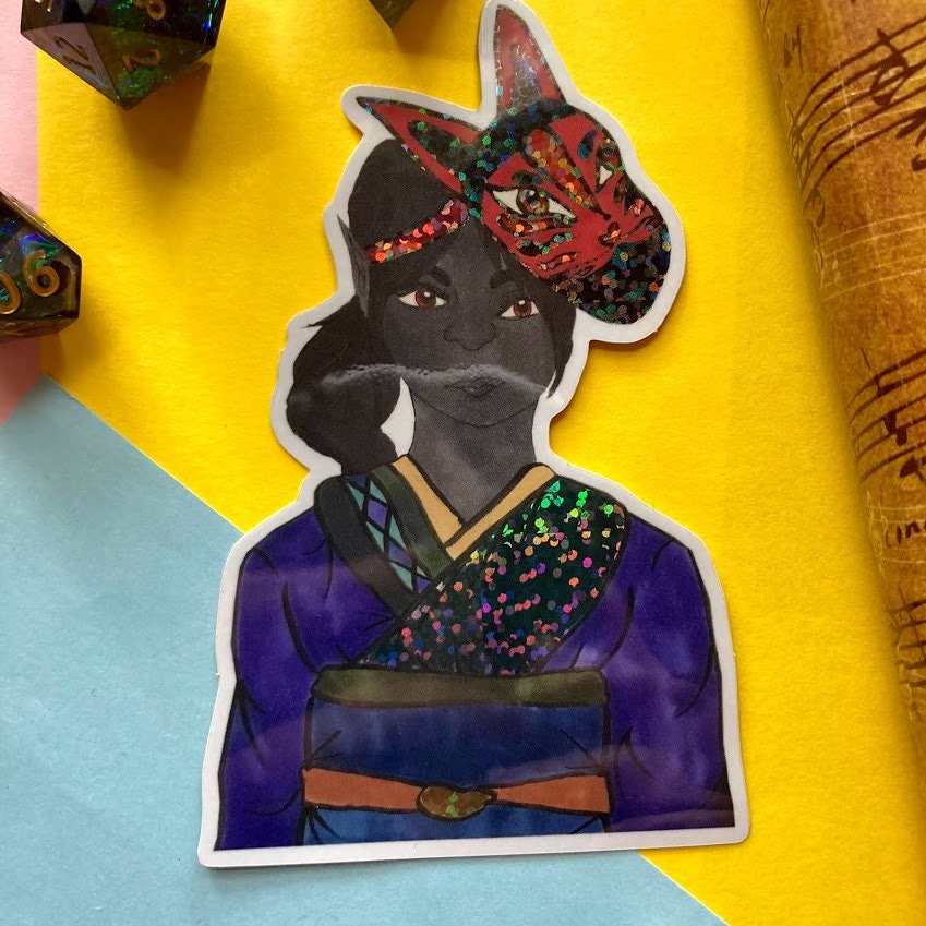 Dark Elf With Kitsune Mask Glitter Vinyl Sticker