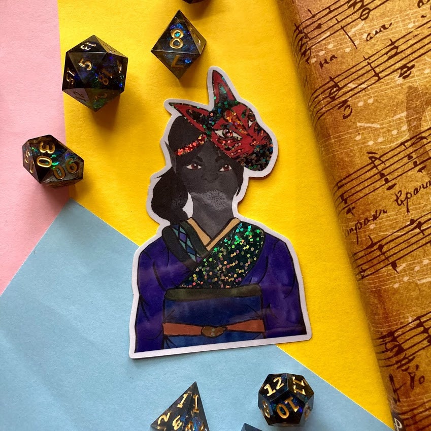 Dark Elf With Kitsune Mask Glitter Vinyl Sticker