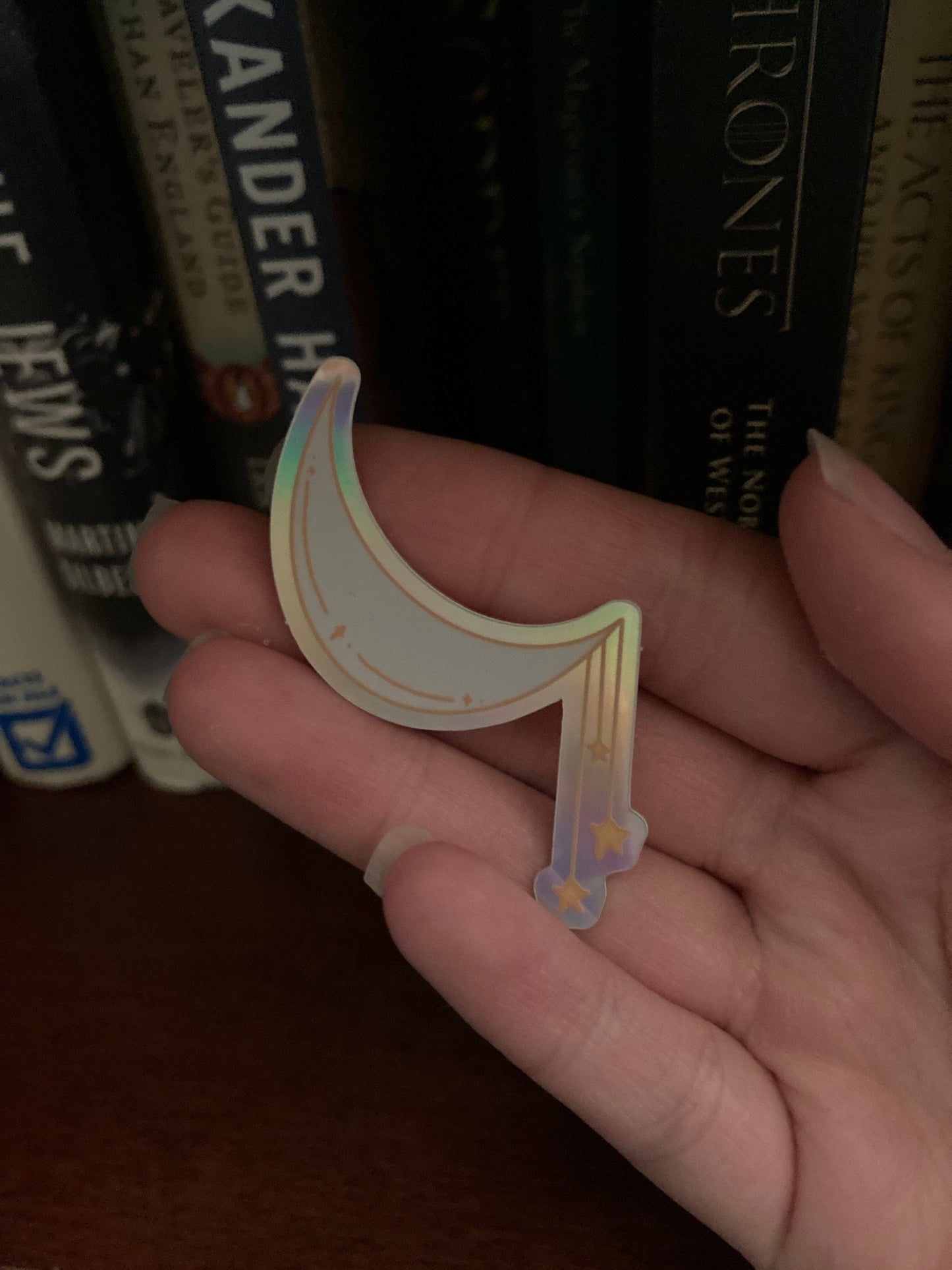 Silver Moon With Gold Hanging Stars Holographic Waterproof Sticker