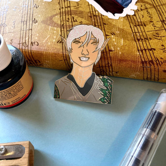 Hard Enamel 2 Inch Glitter Pin: White Hair Elf With Armor