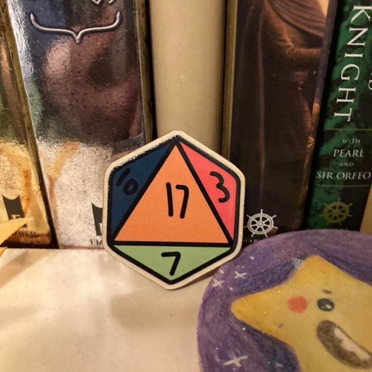 20 Sided Dice 40mm Wooden Pin Badge